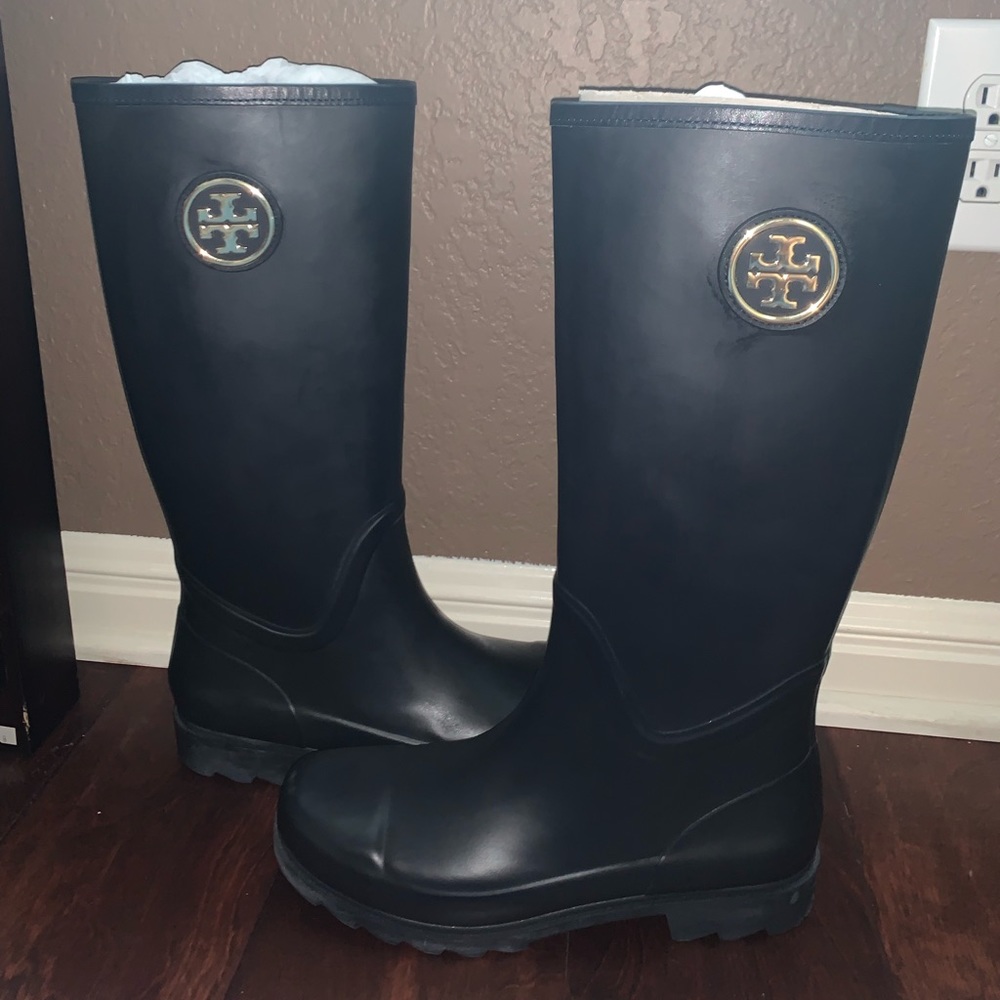 Tory Burch Black Sarah Gold Logo Tall Rain Boots